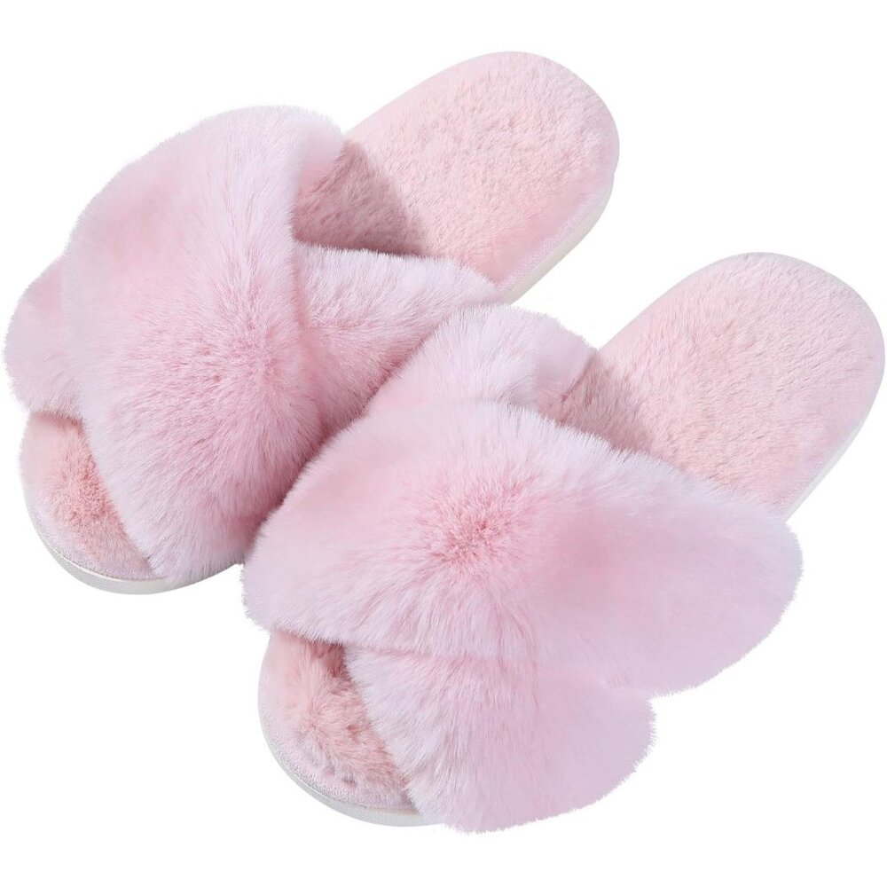 Women's Pink Classic Fuzzy Cross Band Memory Foam Slip On Open Toe Slipper